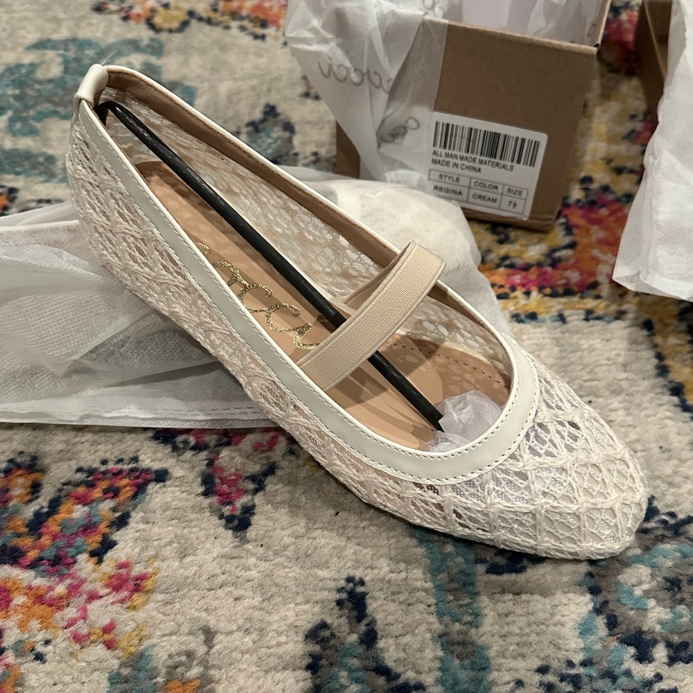 NEW!! CCOCCI Cream Flats Semi Square Toe Cotton Lace - Picture 3 of 4